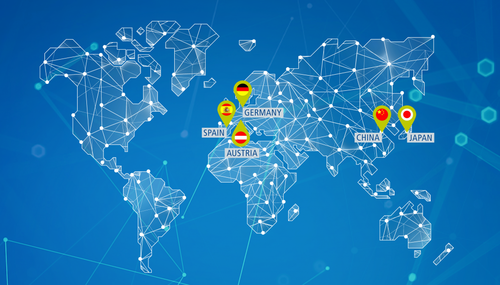 World map with marked ITC locations in the USA, Spain, Austria, Germany, China, Japan